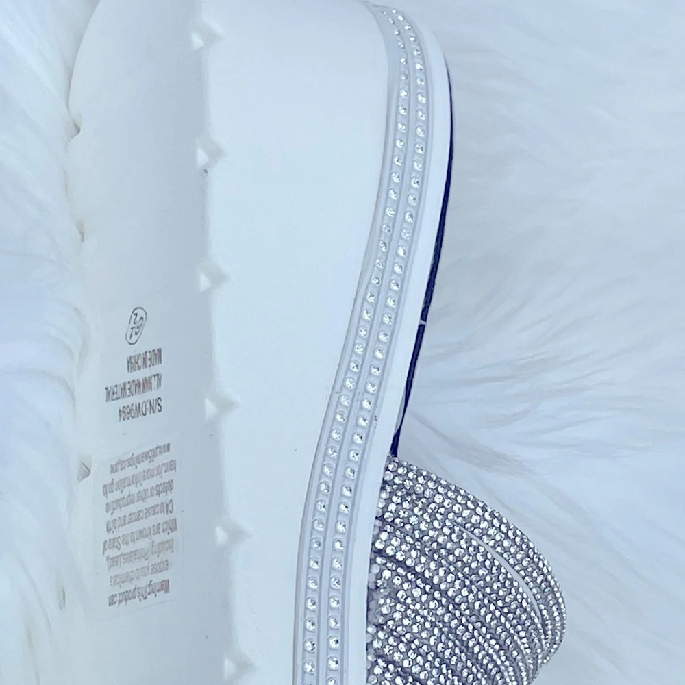 Restock! White Platform Silver Rhinestone Embellished Wedge Slide-In Sandals - Picture 4 of 12